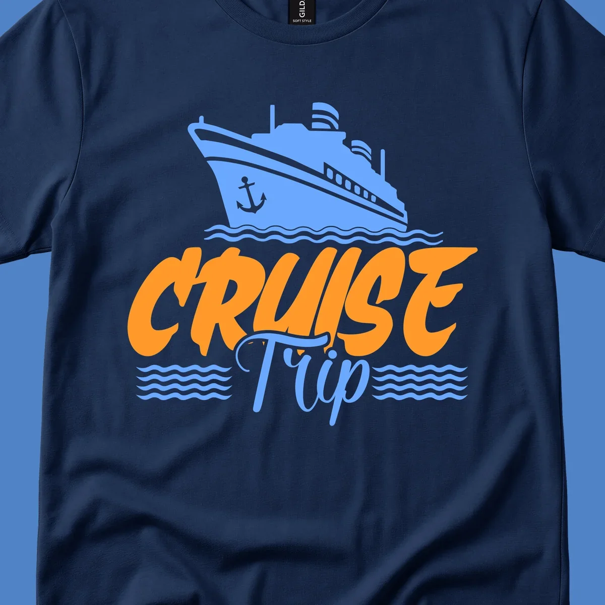 Blue cruise ship with anchor sailing through waves, with orange 'CRUISE' text and blue 'Trip' lettering on gray background