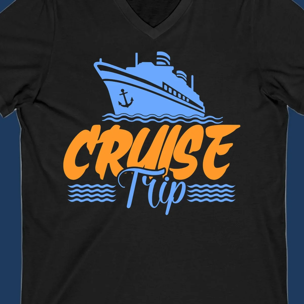 Blue cruise ship with anchor sailing through waves, with orange 'CRUISE' text and blue 'Trip' lettering on gray background