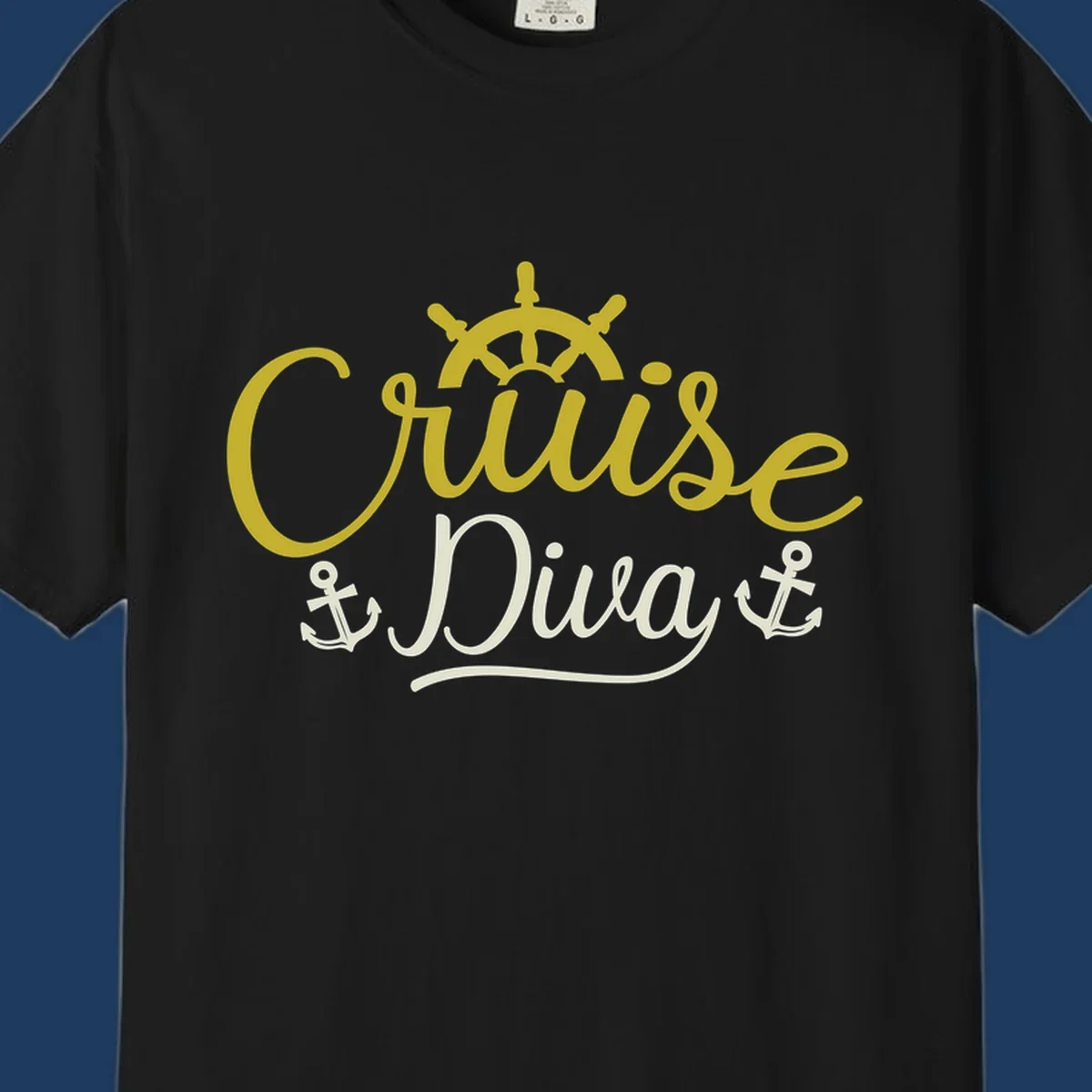 Cruise Diva nautical design with yellow script lettering, ship's wheel, and anchor symbols on gray background