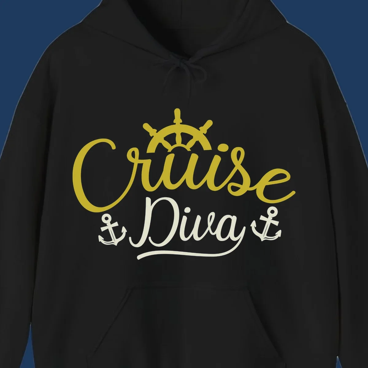 Cruise Diva nautical design with yellow script lettering, ship's wheel, and anchor symbols on gray background