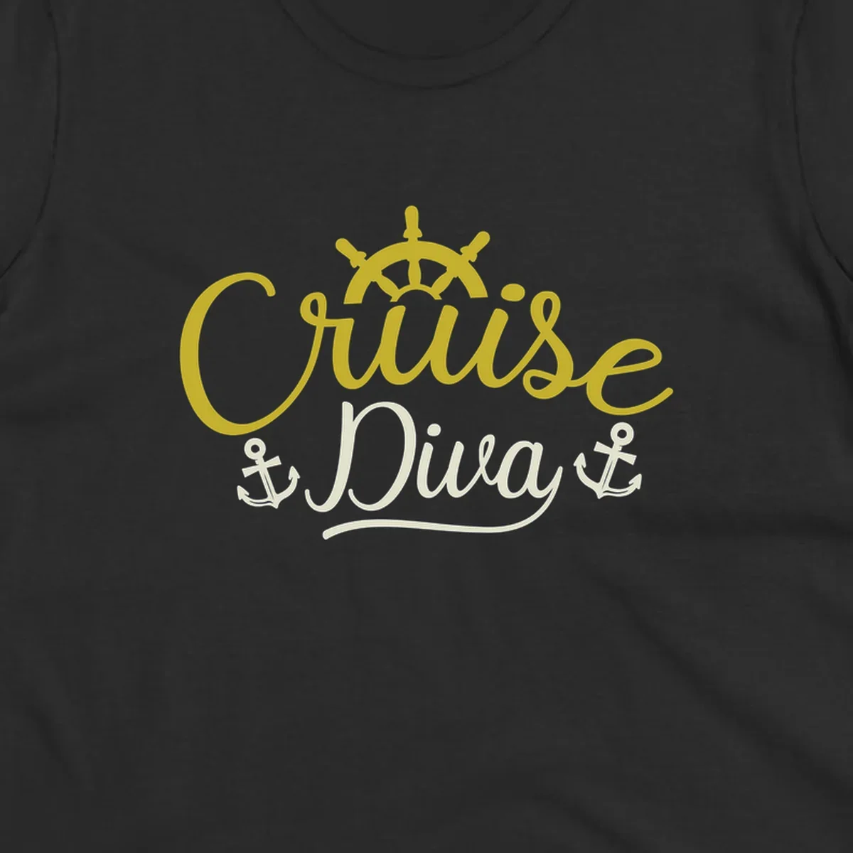 Cruise Diva nautical design with yellow script lettering, ship's wheel, and anchor symbols on gray background