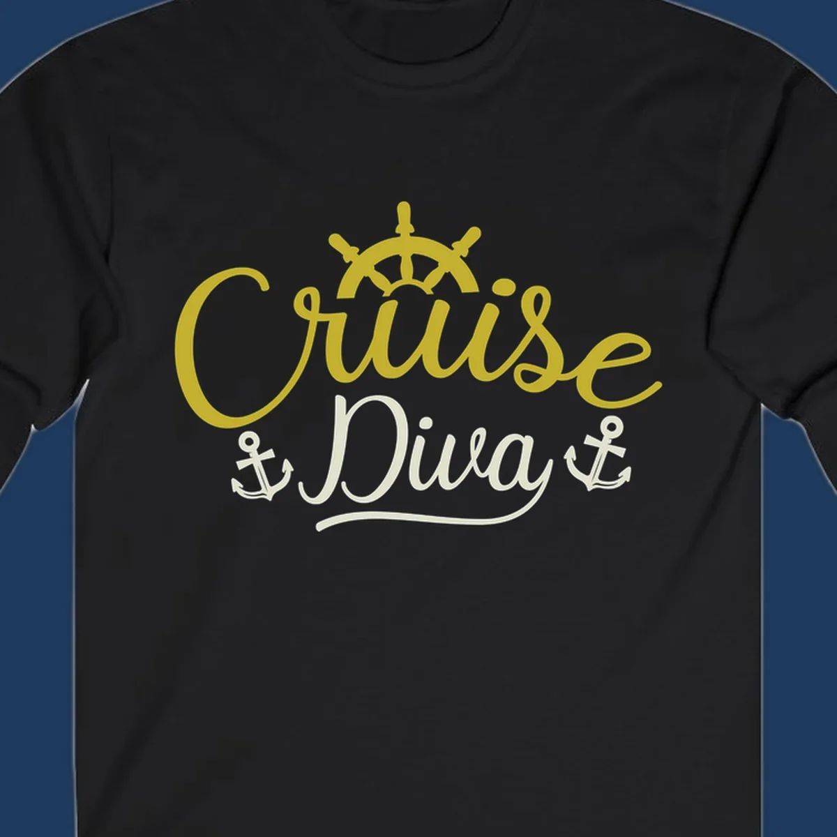 Cruise Diva nautical design with yellow script lettering, ship's wheel, and anchor symbols on gray background