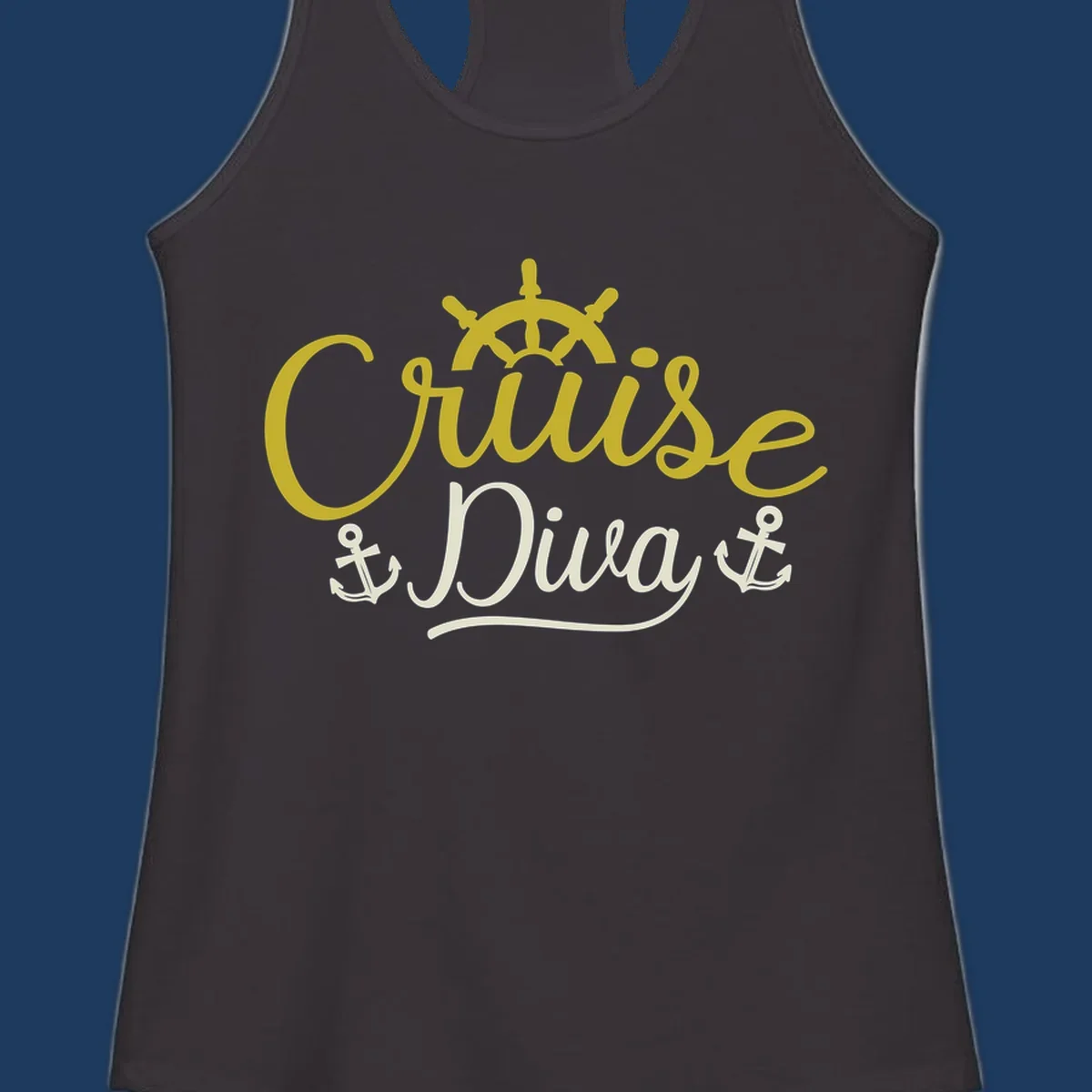Cruise Diva nautical design with yellow script lettering, ship's wheel, and anchor symbols on gray background