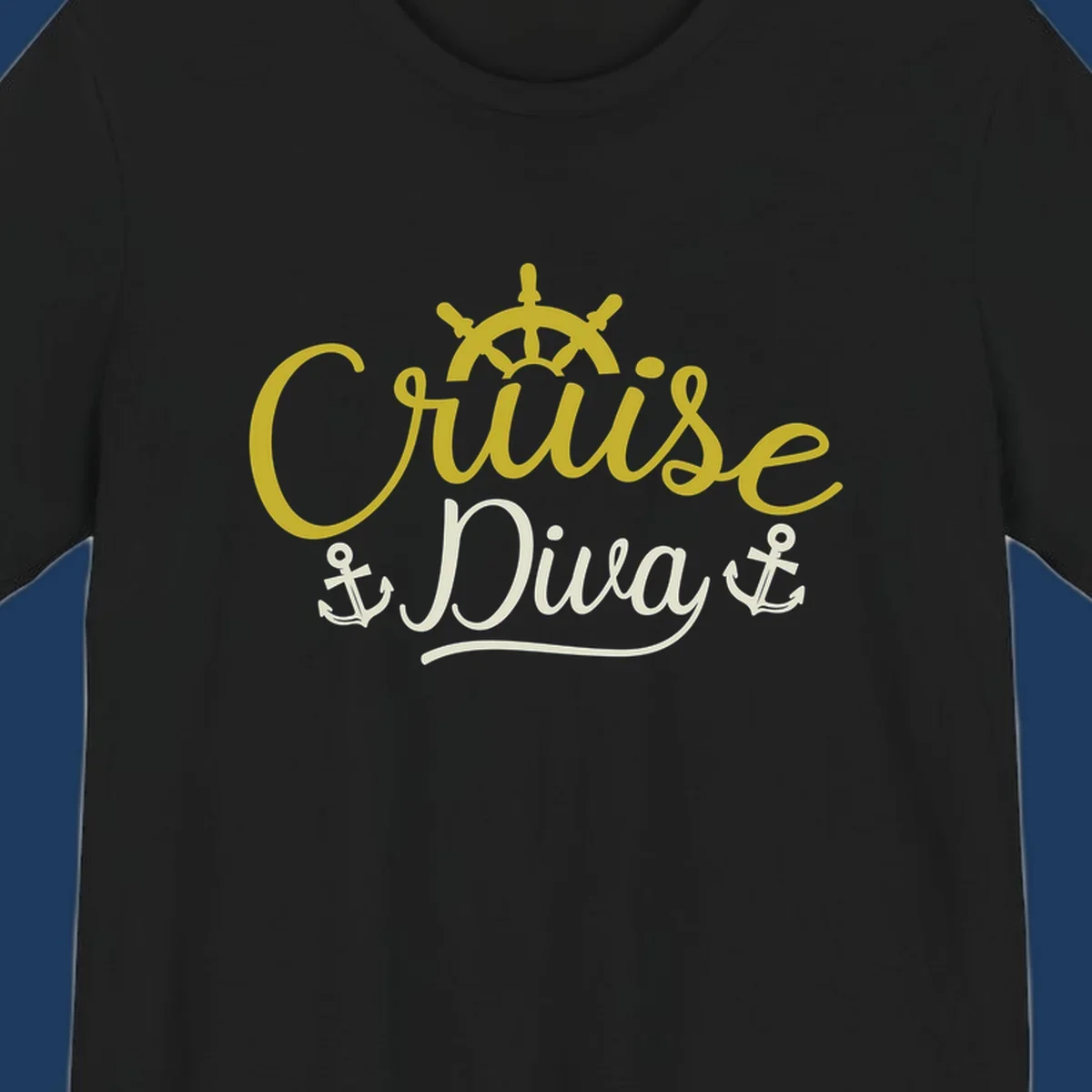 Cruise Diva nautical design with yellow script lettering, ship's wheel, and anchor symbols on gray background