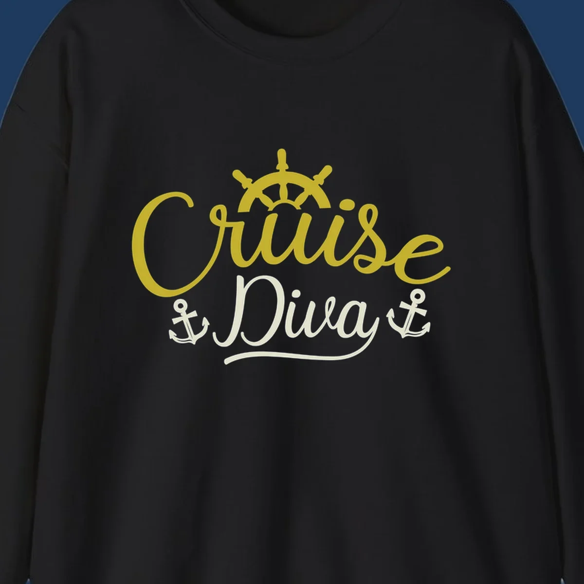 Cruise Diva nautical design with yellow script lettering, ship's wheel, and anchor symbols on gray background