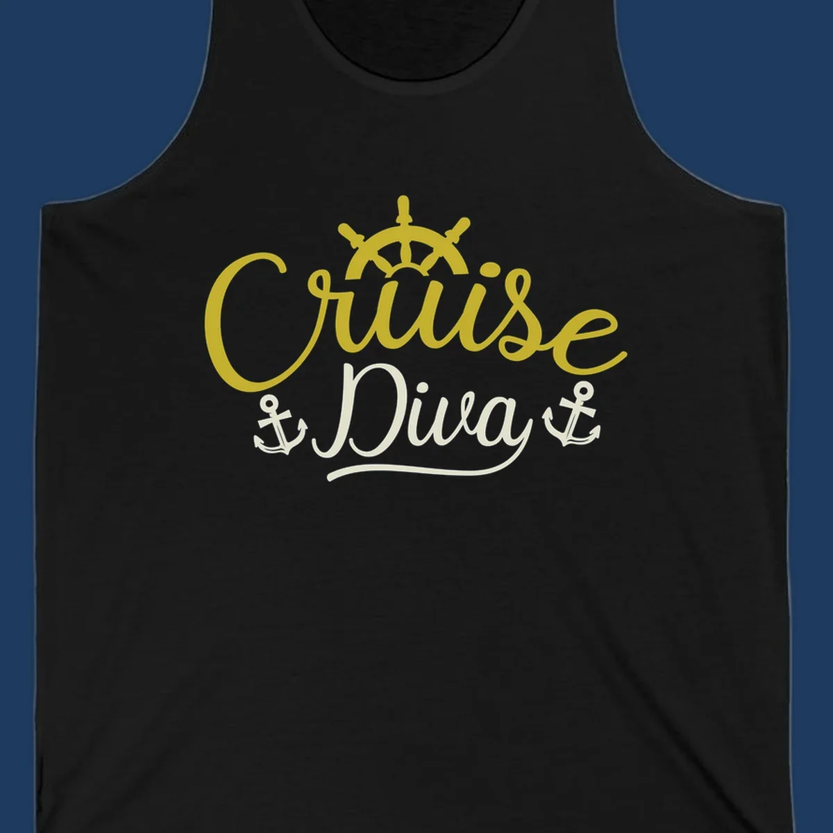 Cruise Diva nautical design with yellow script lettering, ship's wheel, and anchor symbols on gray background