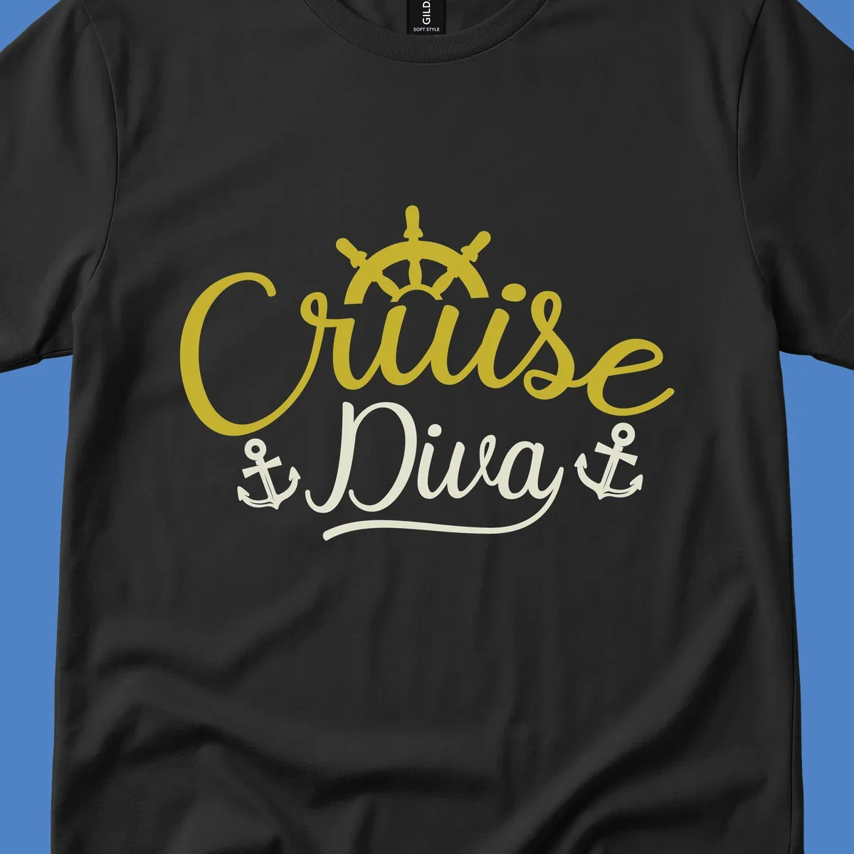 Cruise Diva nautical design with yellow script lettering, ship's wheel, and anchor symbols on gray background