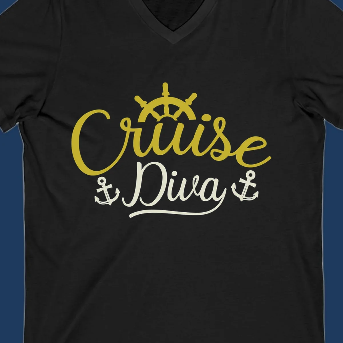 Cruise Diva nautical design with yellow script lettering, ship's wheel, and anchor symbols on gray background