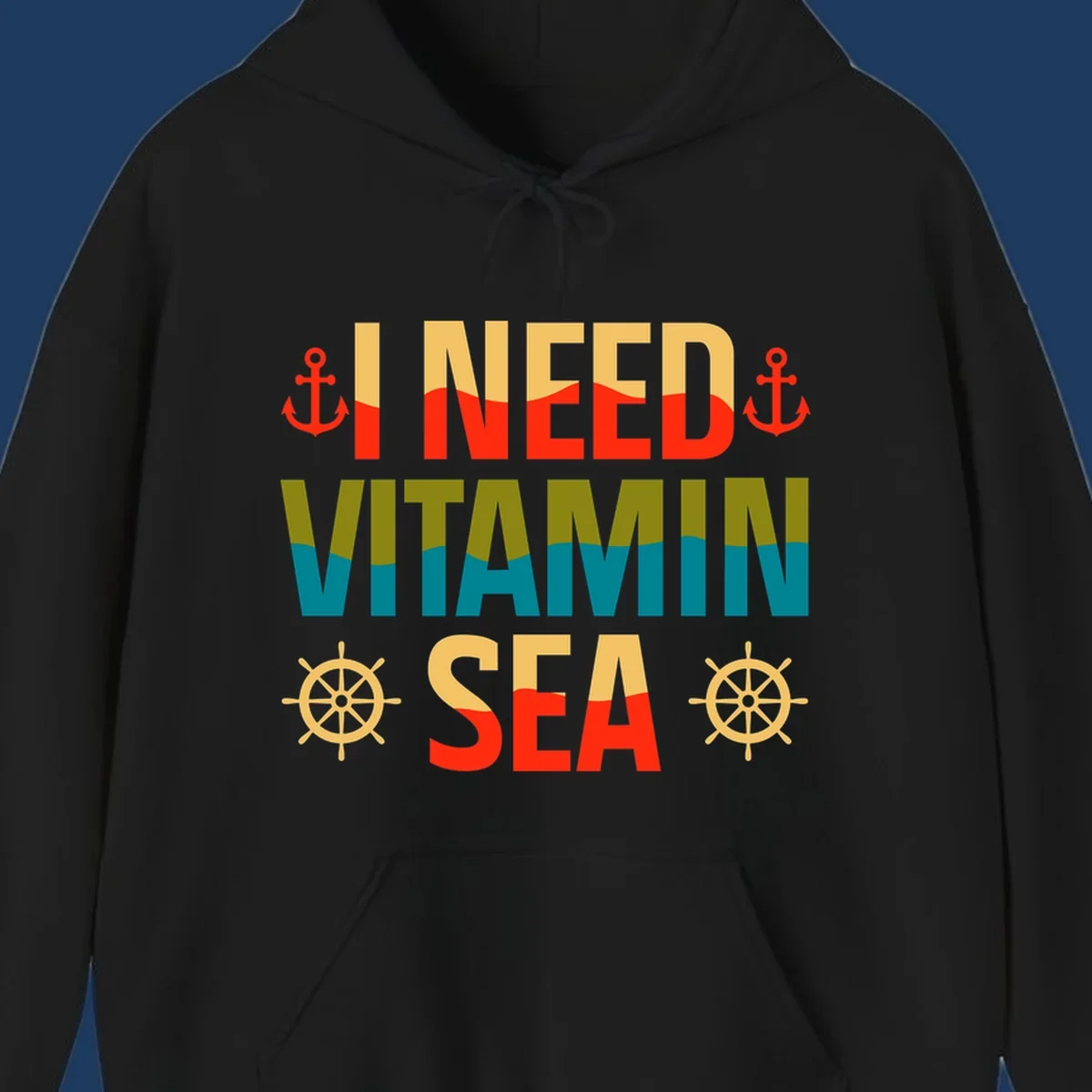Colorful nautical design with anchors, ship wheels, and text reading 'I NEED VITAMIN SEA' for cruise lovers