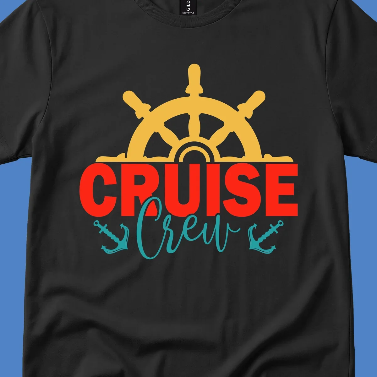 Golden ship's wheel above red 'CRUISE' text with teal 'Shrek' lettering on gray background