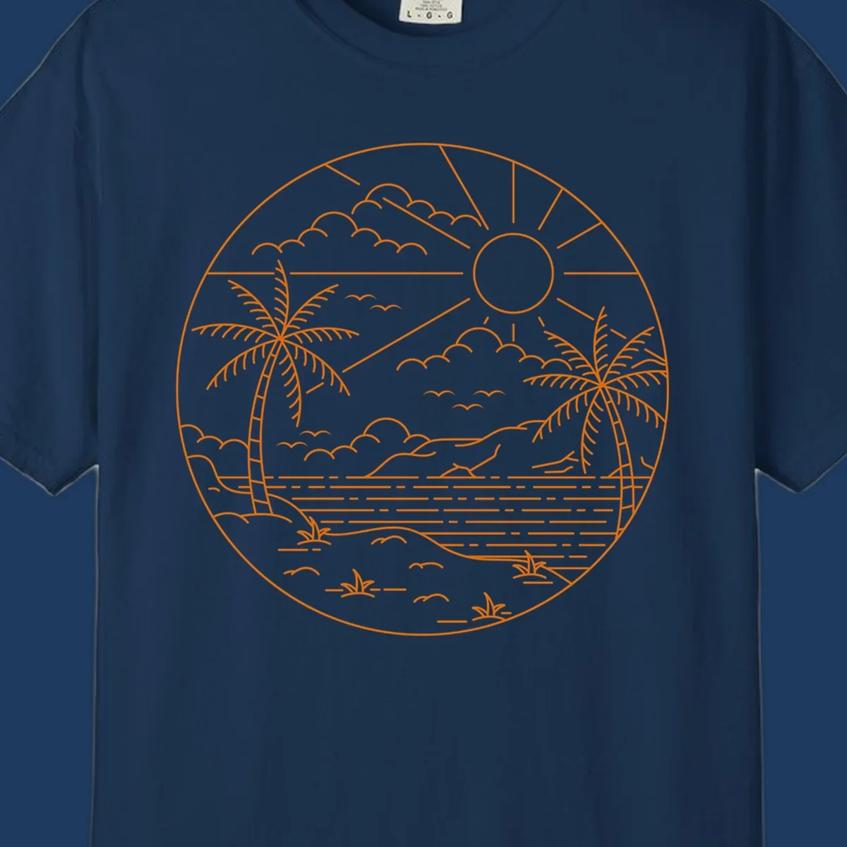 Tropical paradise cruise scene with palm trees, sun, clouds, and ocean waves in a circular line art design