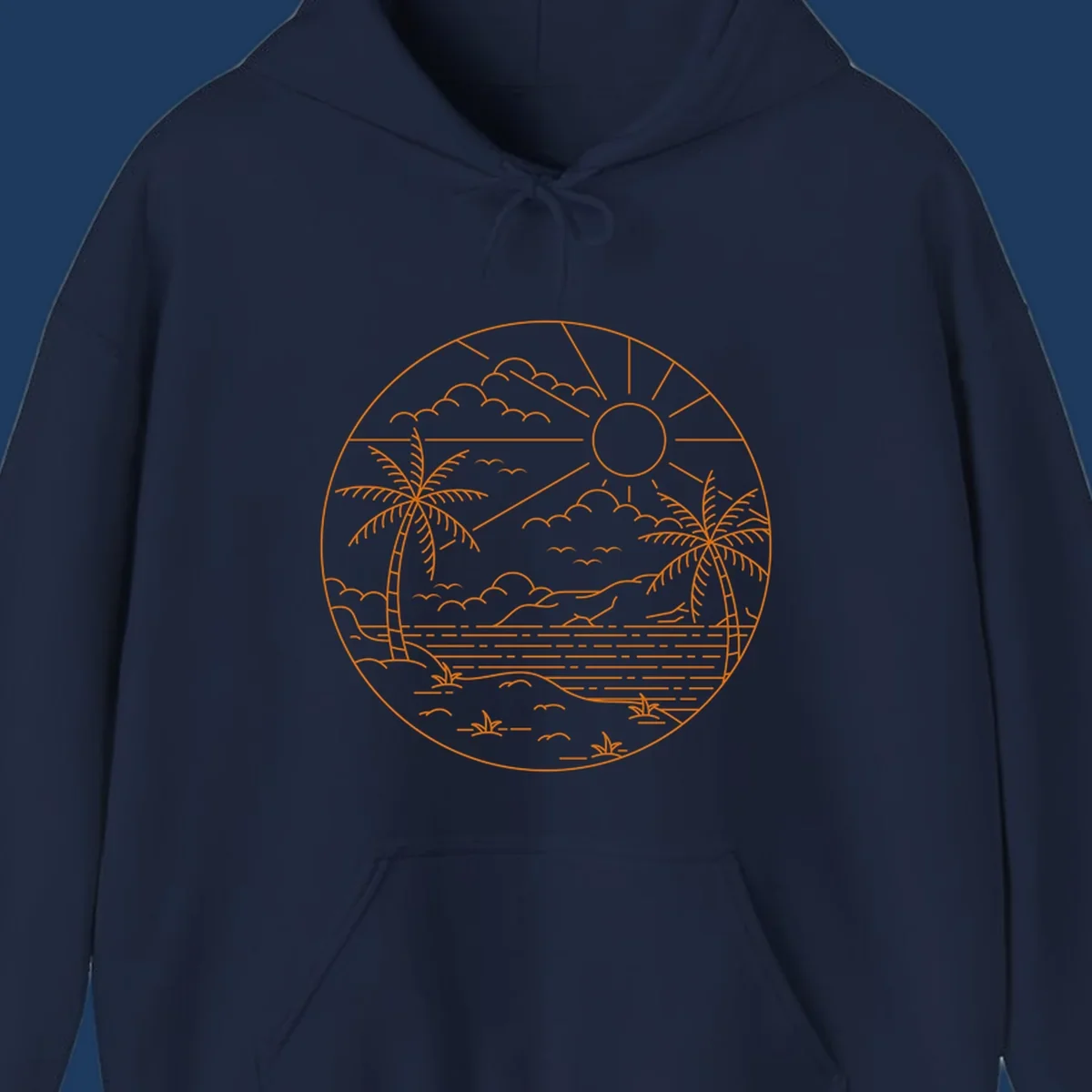Tropical paradise cruise scene with palm trees, sun, clouds, and ocean waves in a circular line art design