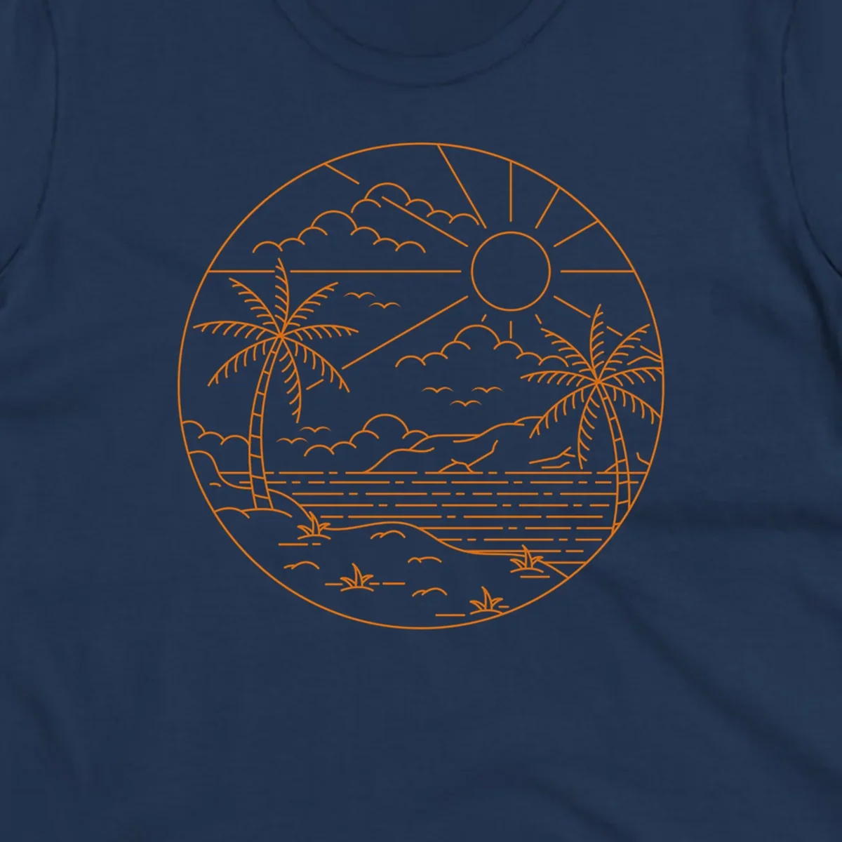 Tropical paradise cruise scene with palm trees, sun, clouds, and ocean waves in a circular line art design