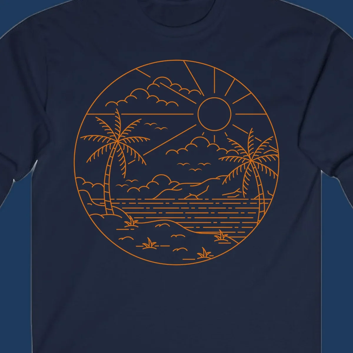 Tropical paradise cruise scene with palm trees, sun, clouds, and ocean waves in a circular line art design