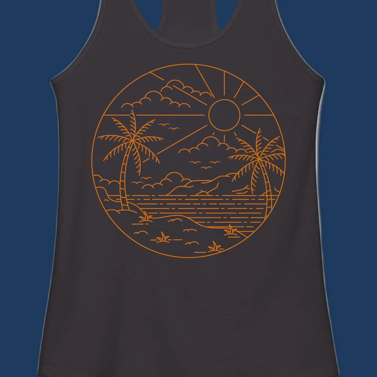 Tropical paradise cruise scene with palm trees, sun, clouds, and ocean waves in a circular line art design