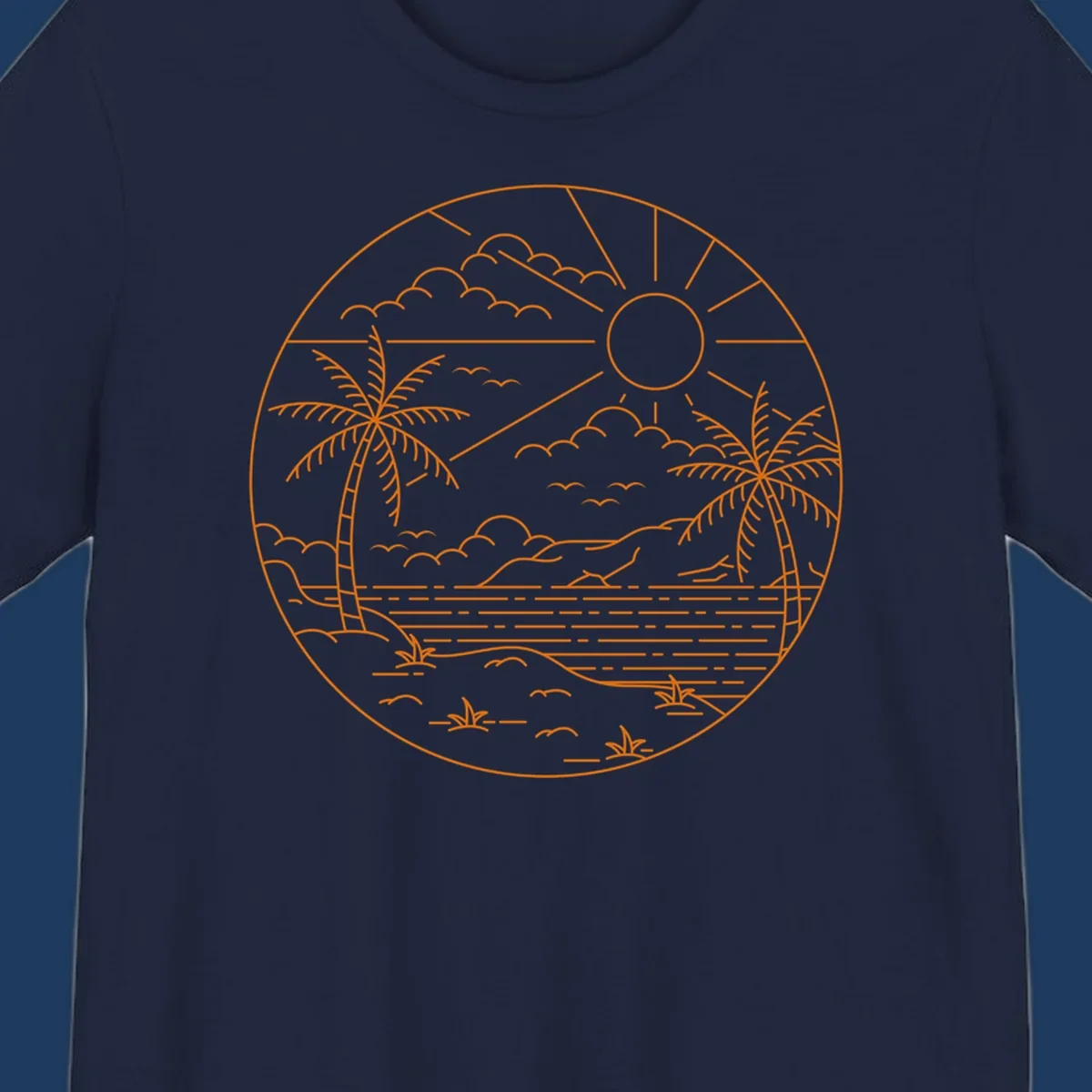 Tropical paradise cruise scene with palm trees, sun, clouds, and ocean waves in a circular line art design