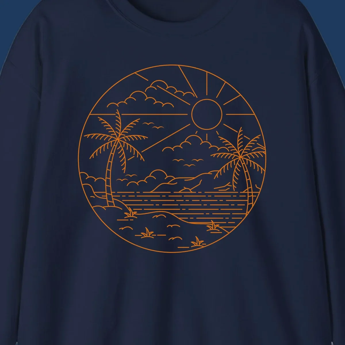 Tropical paradise cruise scene with palm trees, sun, clouds, and ocean waves in a circular line art design
