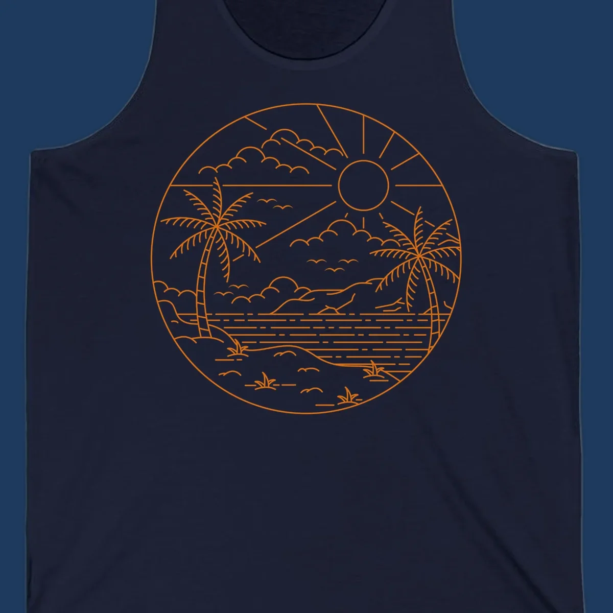 Tropical paradise cruise scene with palm trees, sun, clouds, and ocean waves in a circular line art design