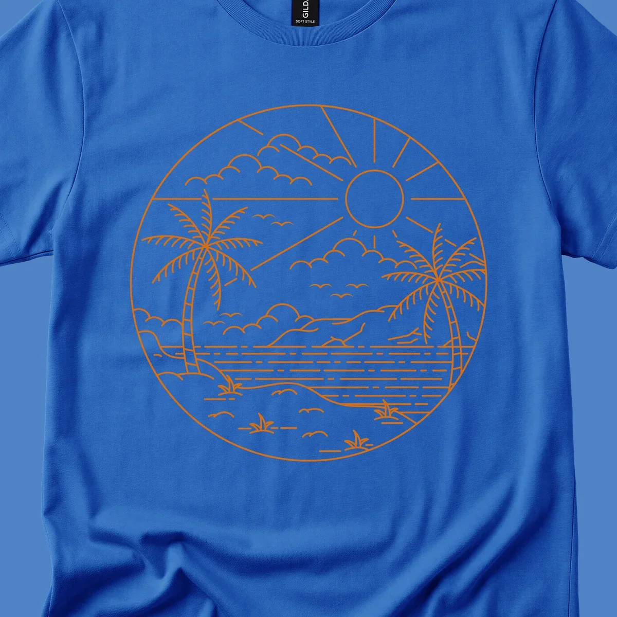 Tropical paradise cruise scene with palm trees, sun, clouds, and ocean waves in a circular line art design