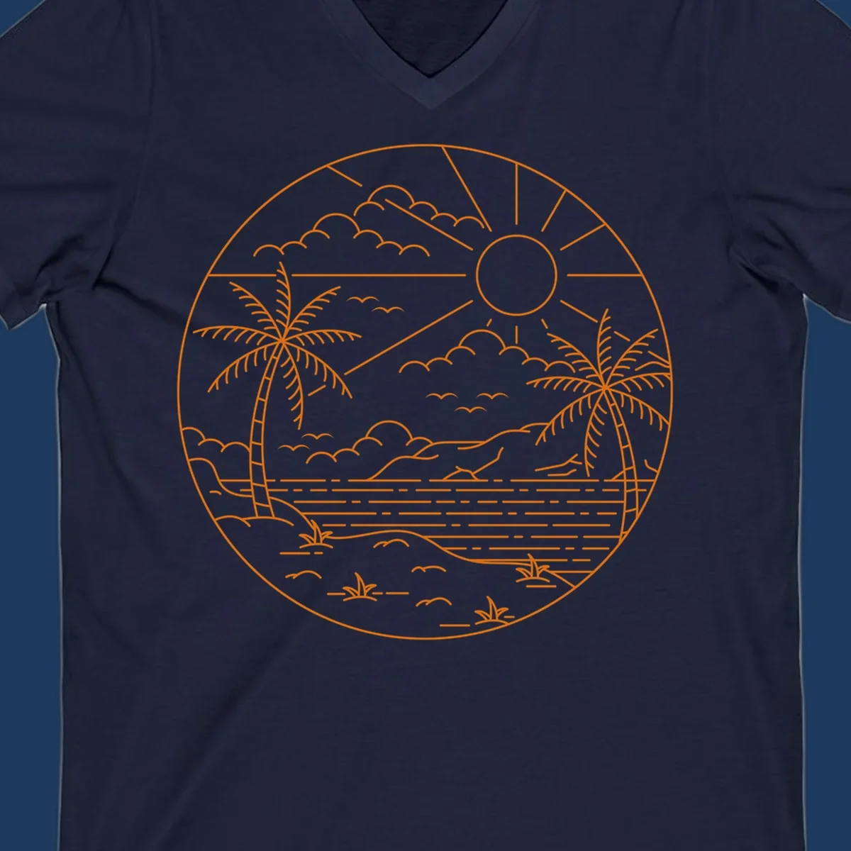 Tropical paradise cruise scene with palm trees, sun, clouds, and ocean waves in a circular line art design