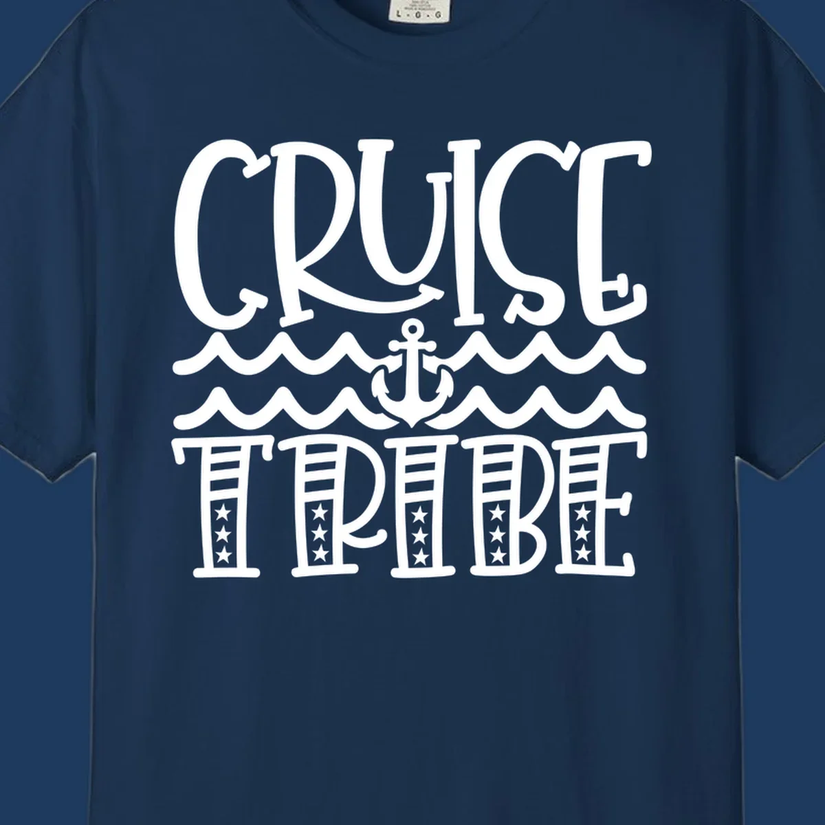 Cruise tribe anchor waves design with decorative lettering and centered anchor between wavy lines