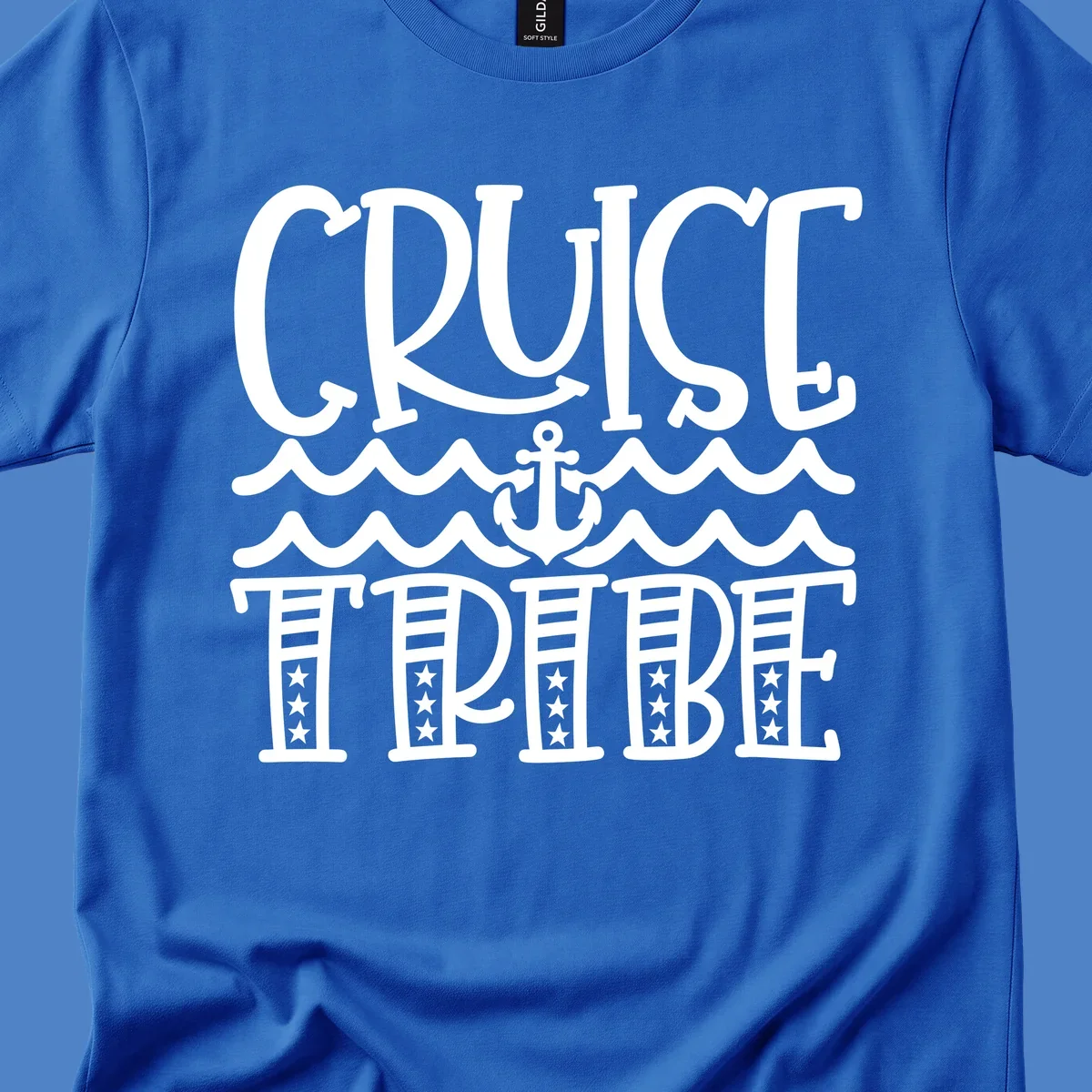 Cruise tribe anchor waves design with decorative lettering and centered anchor between wavy lines