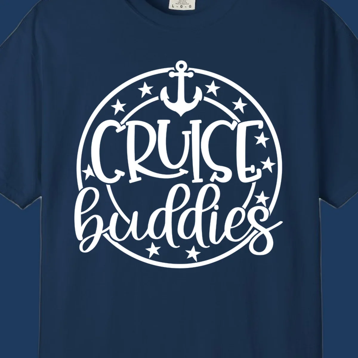 Cruise buddies anchor badge design with nautical emblem, anchor symbol, and stars in circular seal