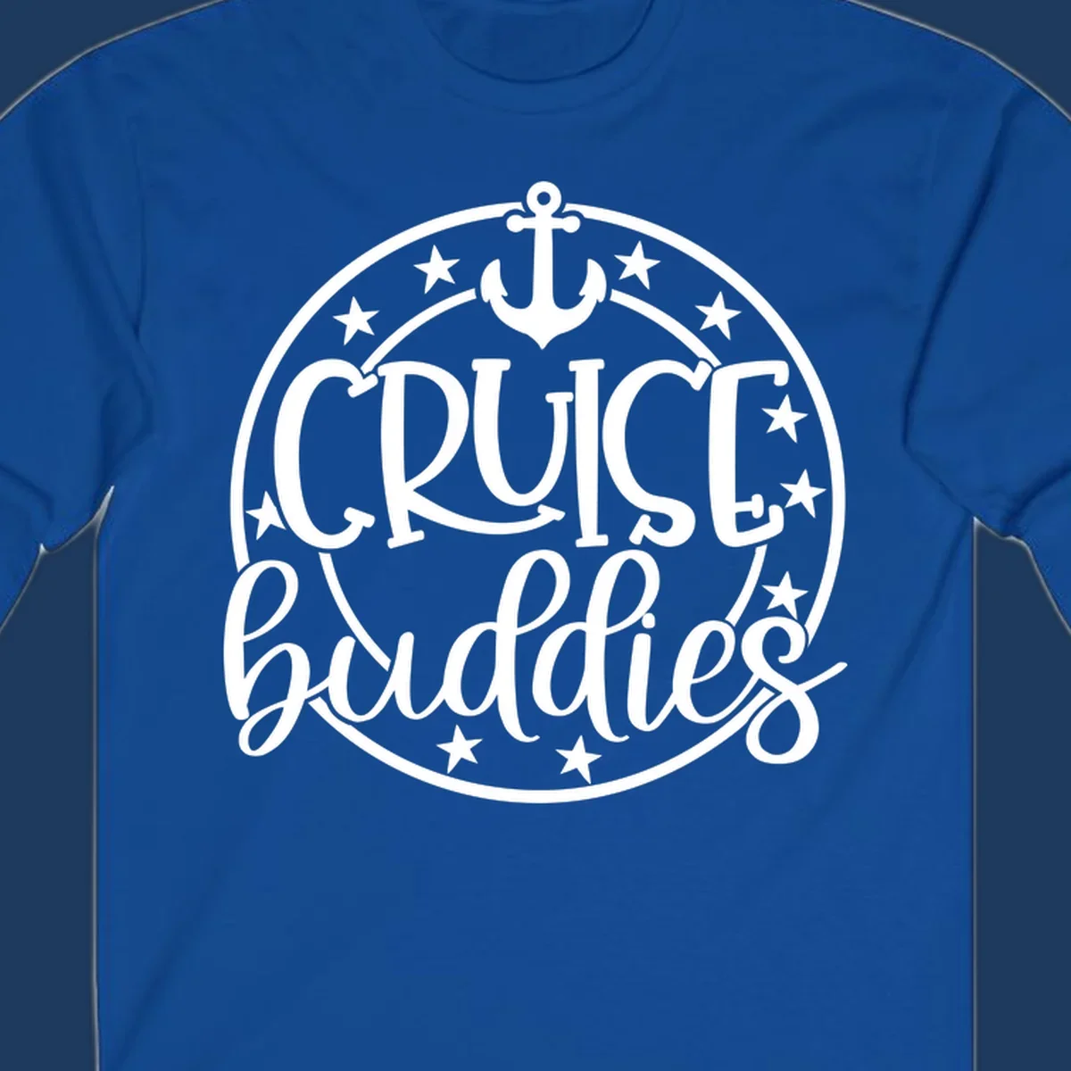 Cruise buddies anchor badge design with nautical emblem, anchor symbol, and stars in circular seal
