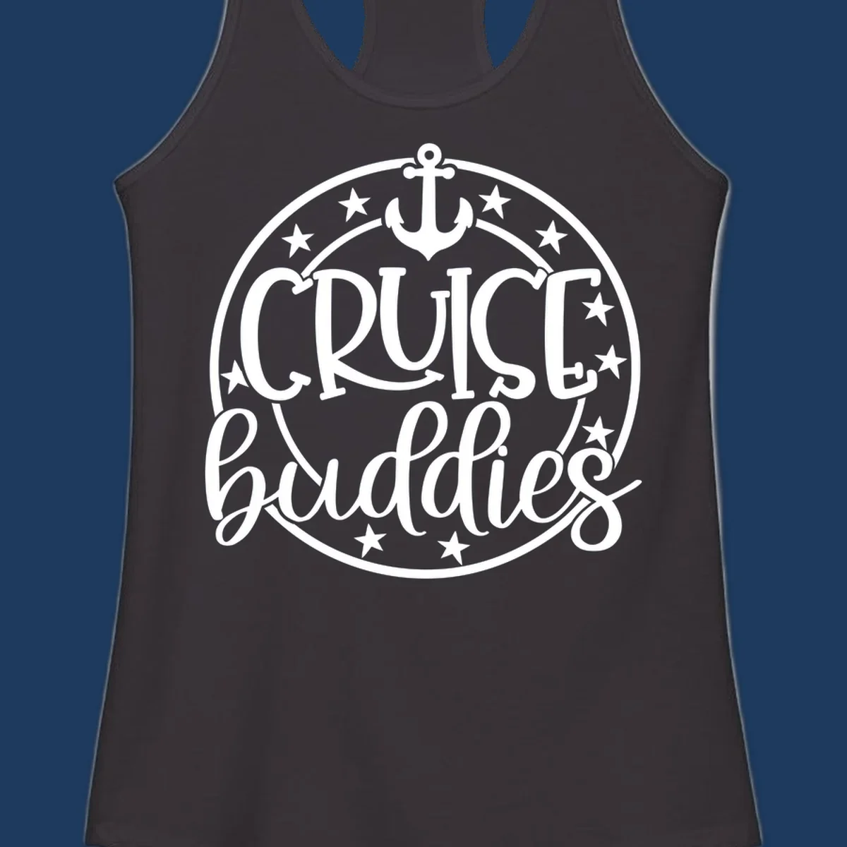 Cruise buddies anchor badge design with nautical emblem, anchor symbol, and stars in circular seal