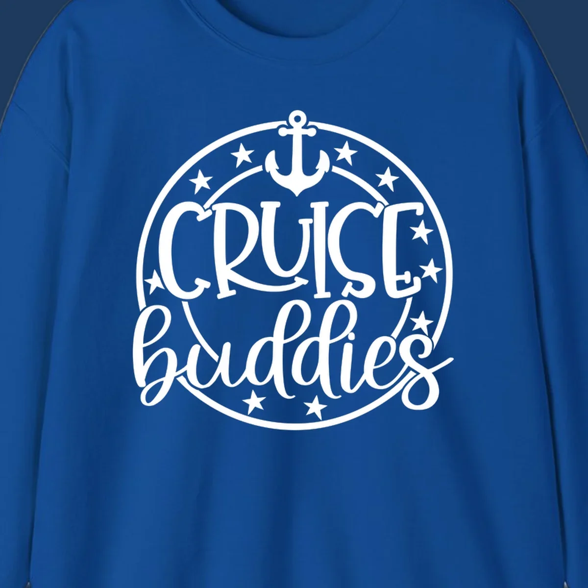 Cruise buddies anchor badge design with nautical emblem, anchor symbol, and stars in circular seal