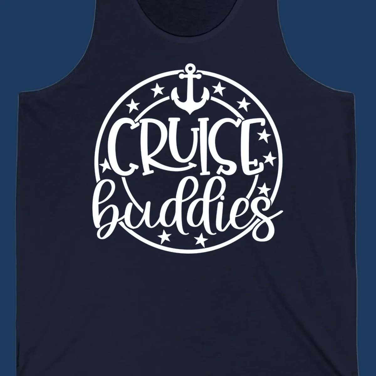 Cruise buddies anchor badge design with nautical emblem, anchor symbol, and stars in circular seal
