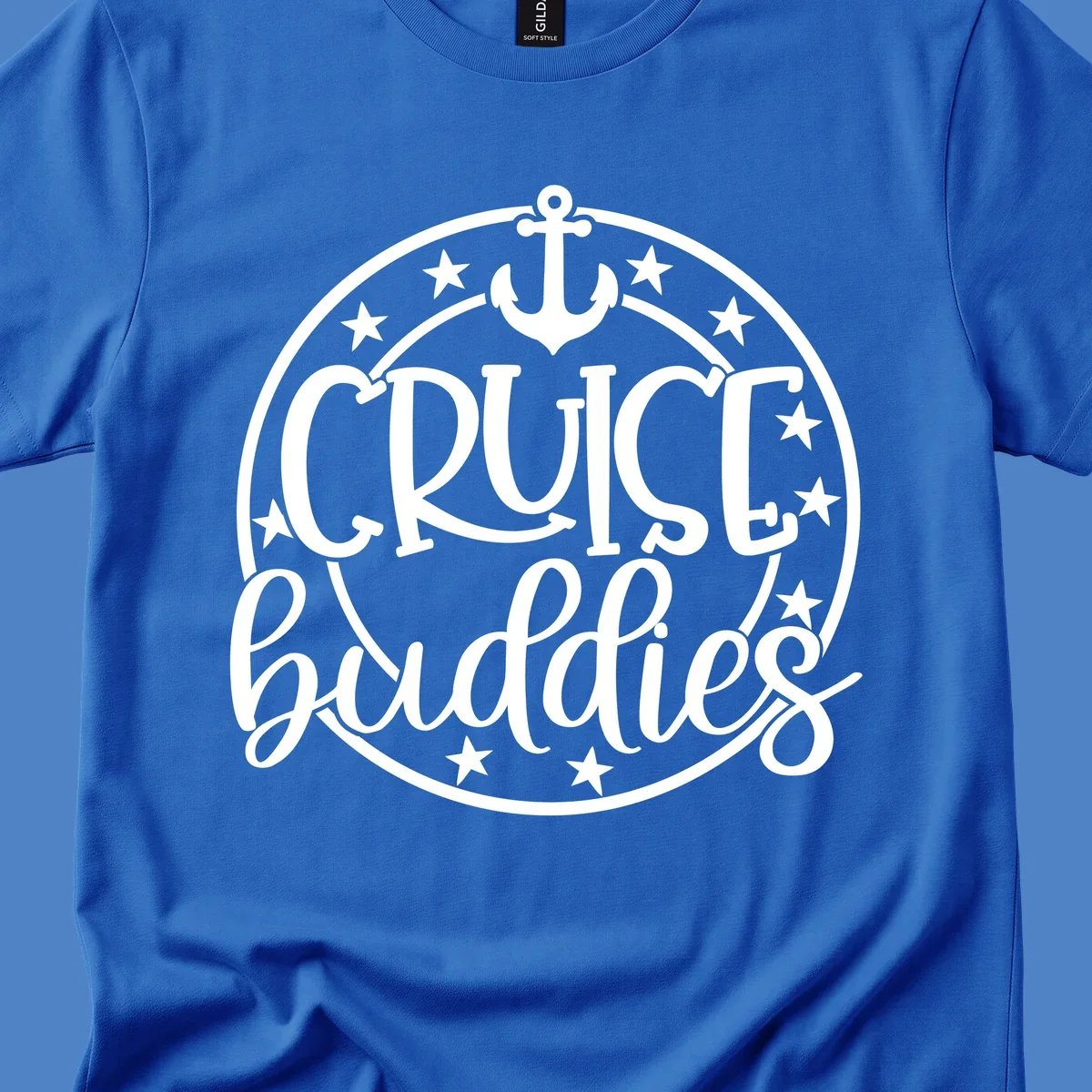 Cruise buddies anchor badge design with nautical emblem, anchor symbol, and stars in circular seal