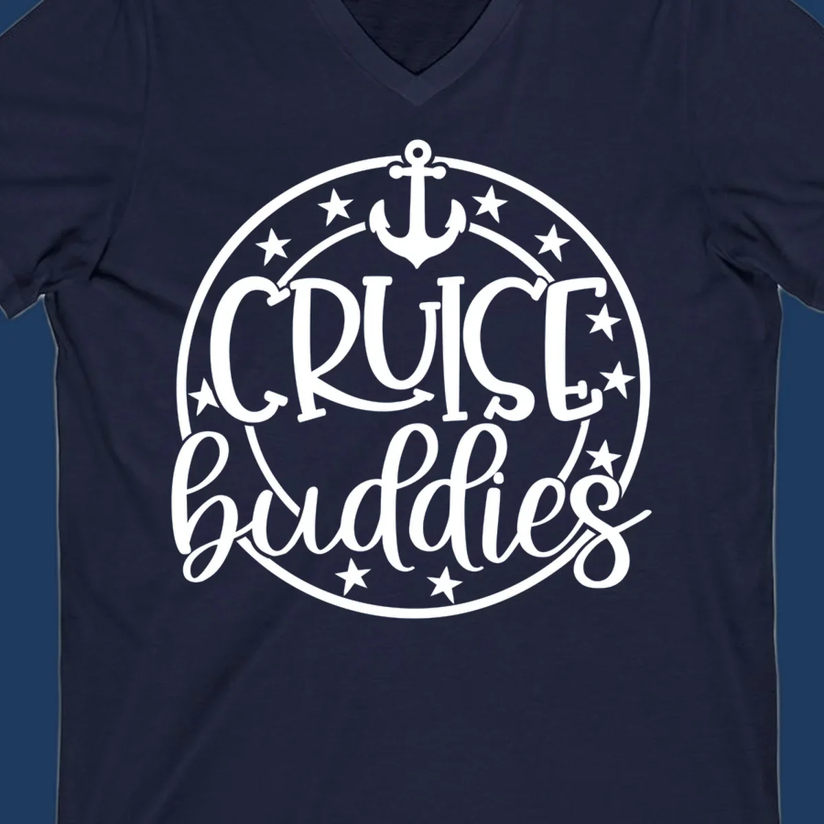 Cruise buddies anchor badge design with nautical emblem, anchor symbol, and stars in circular seal