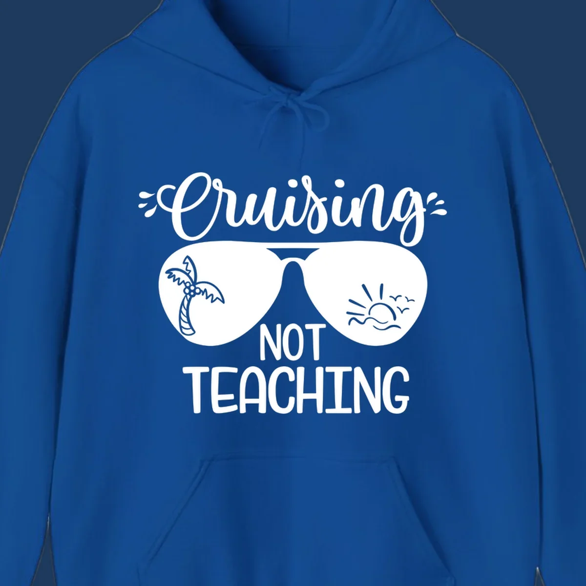 Sunglasses with palm tree and sunrise designs, text reads 'Cruising Not Teaching' - cruising-not-teaching themed graphic