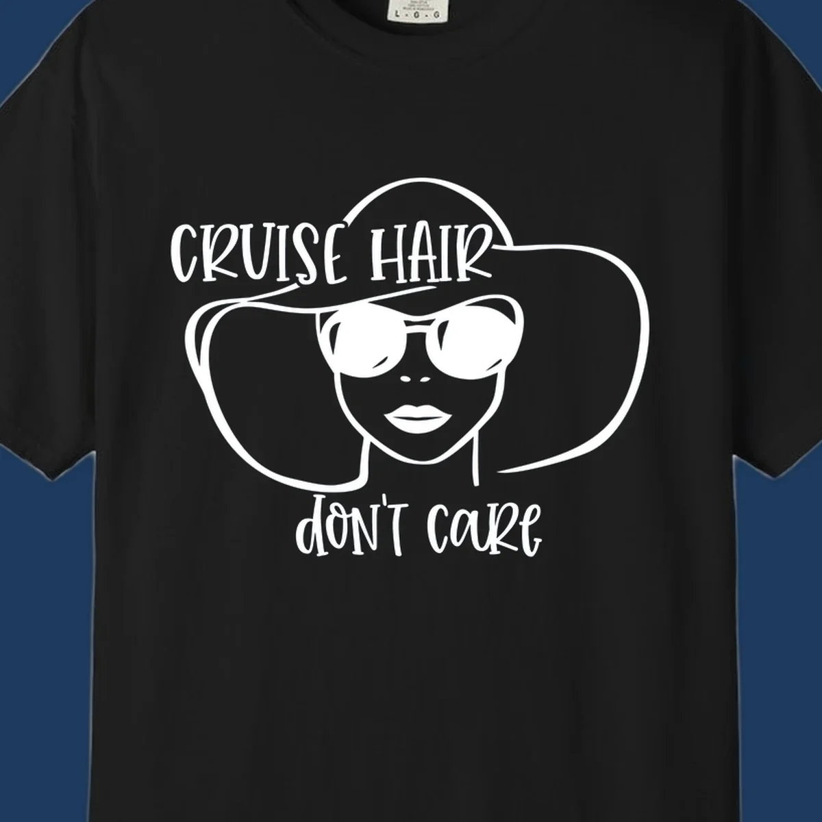 Illustrated woman with sunglasses and wide sun hat, text reads 'cruise hair don't care' - minimalist line art design