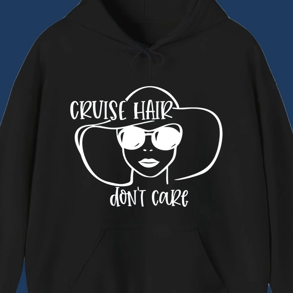 Illustrated woman with sunglasses and wide sun hat, text reads 'cruise hair don't care' - minimalist line art design