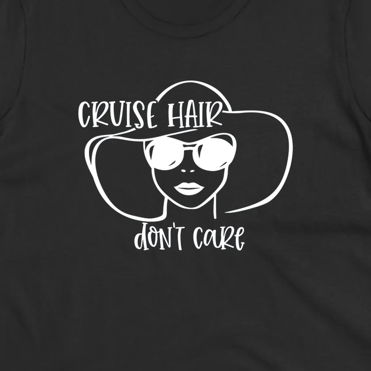 Illustrated woman with sunglasses and wide sun hat, text reads 'cruise hair don't care' - minimalist line art design