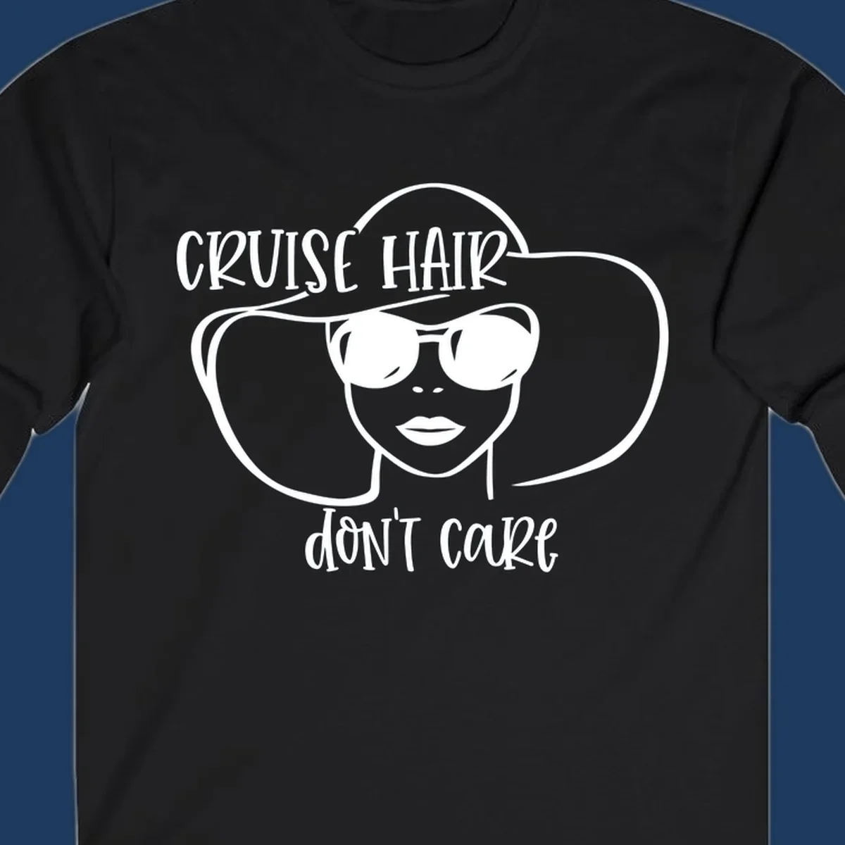 Illustrated woman with sunglasses and wide sun hat, text reads 'cruise hair don't care' - minimalist line art design