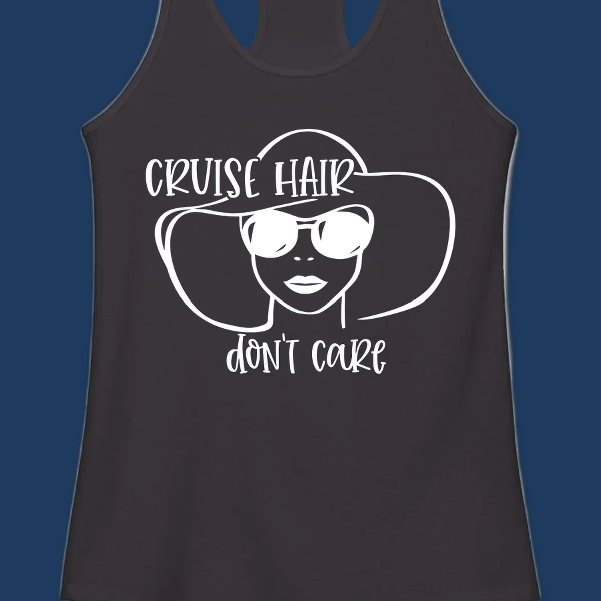 Illustrated woman with sunglasses and wide sun hat, text reads 'cruise hair don't care' - minimalist line art design