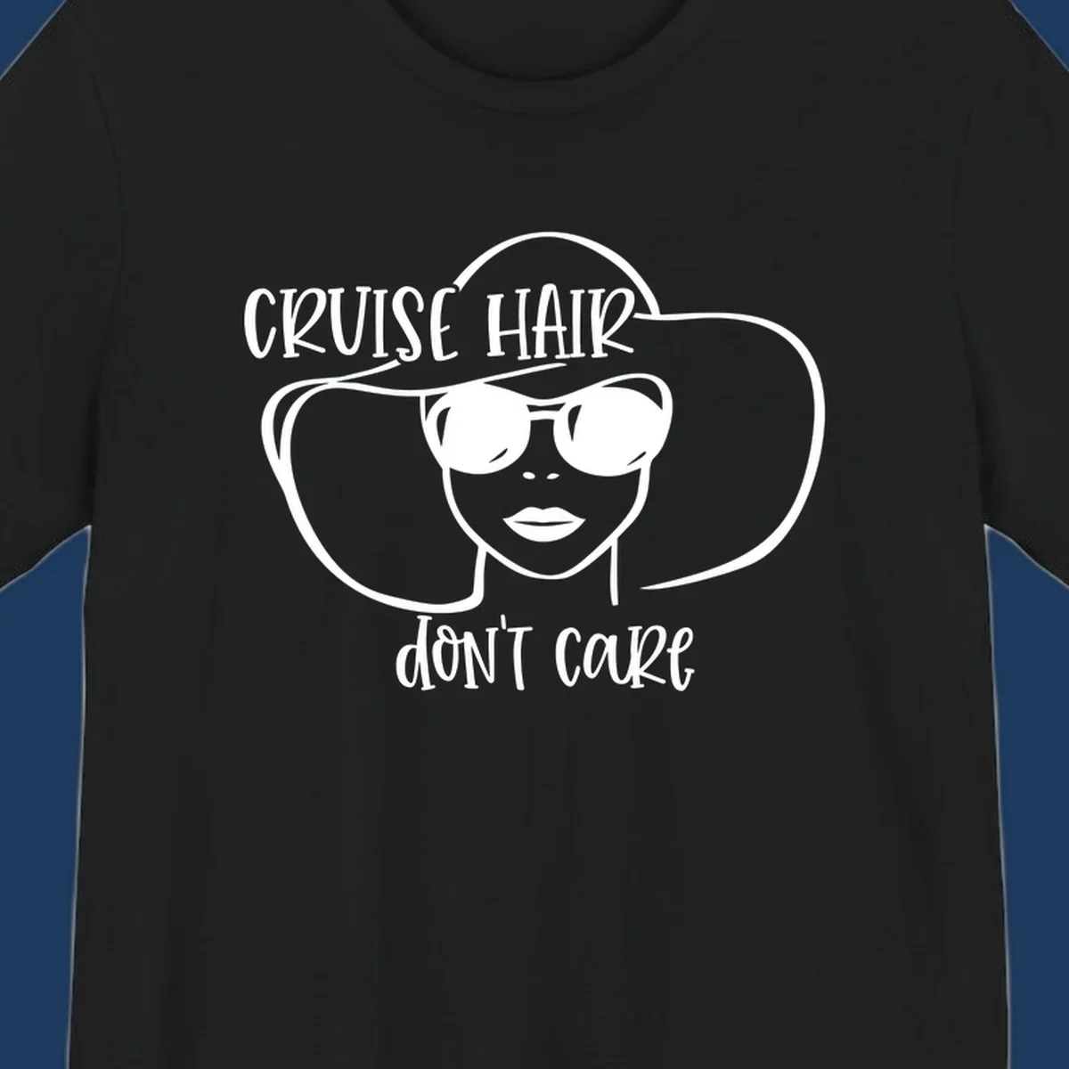 Illustrated woman with sunglasses and wide sun hat, text reads 'cruise hair don't care' - minimalist line art design