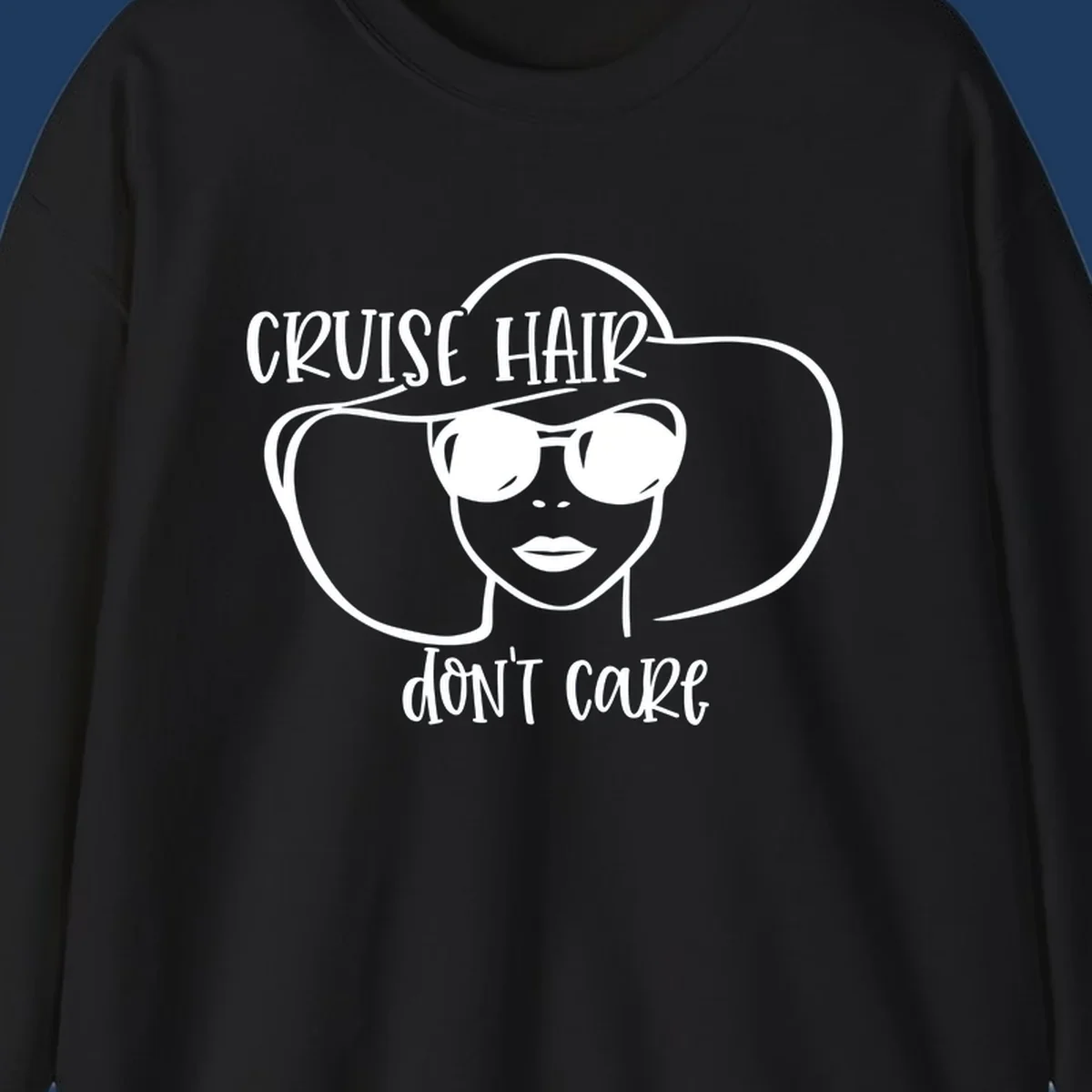 Illustrated woman with sunglasses and wide sun hat, text reads 'cruise hair don't care' - minimalist line art design