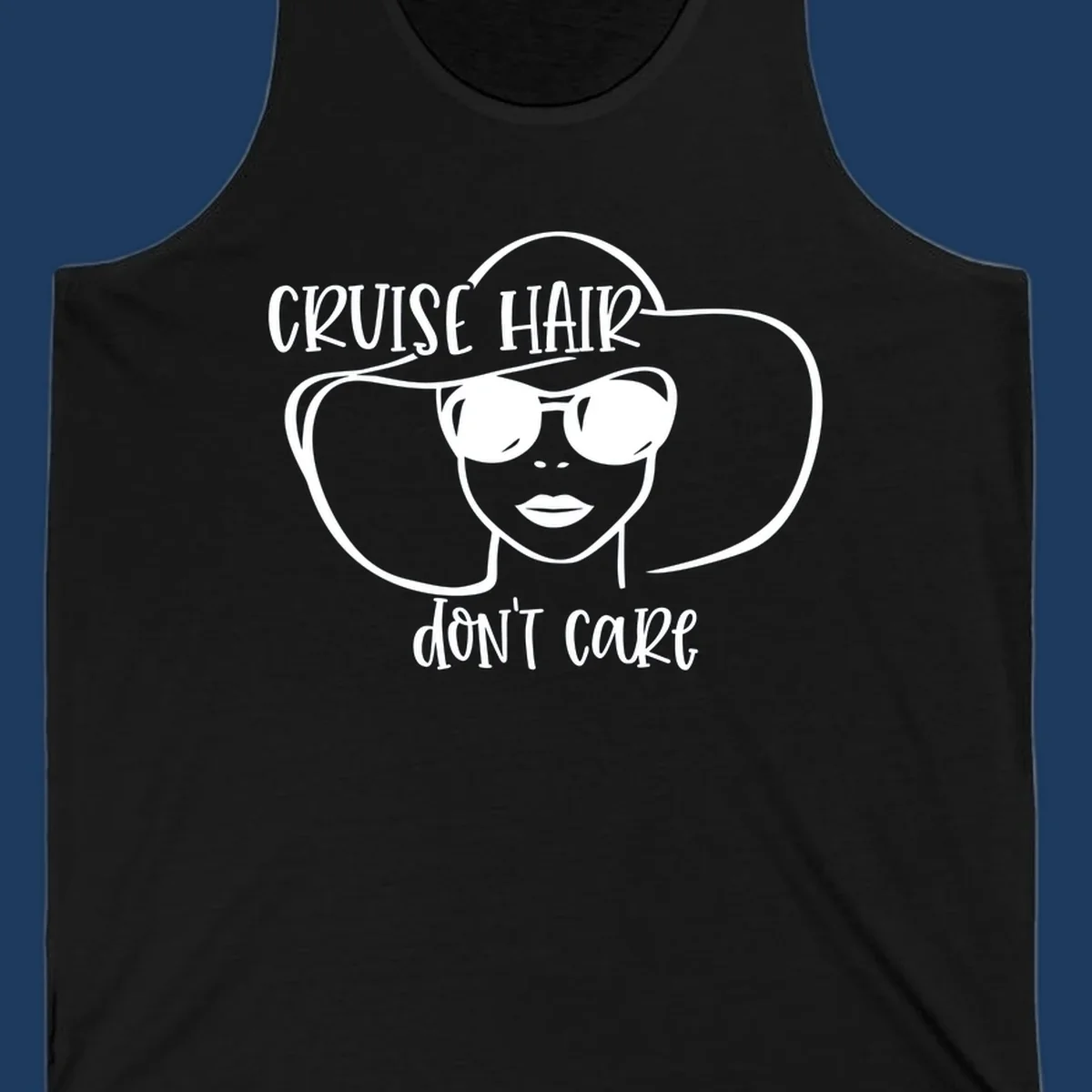 Illustrated woman with sunglasses and wide sun hat, text reads 'cruise hair don't care' - minimalist line art design