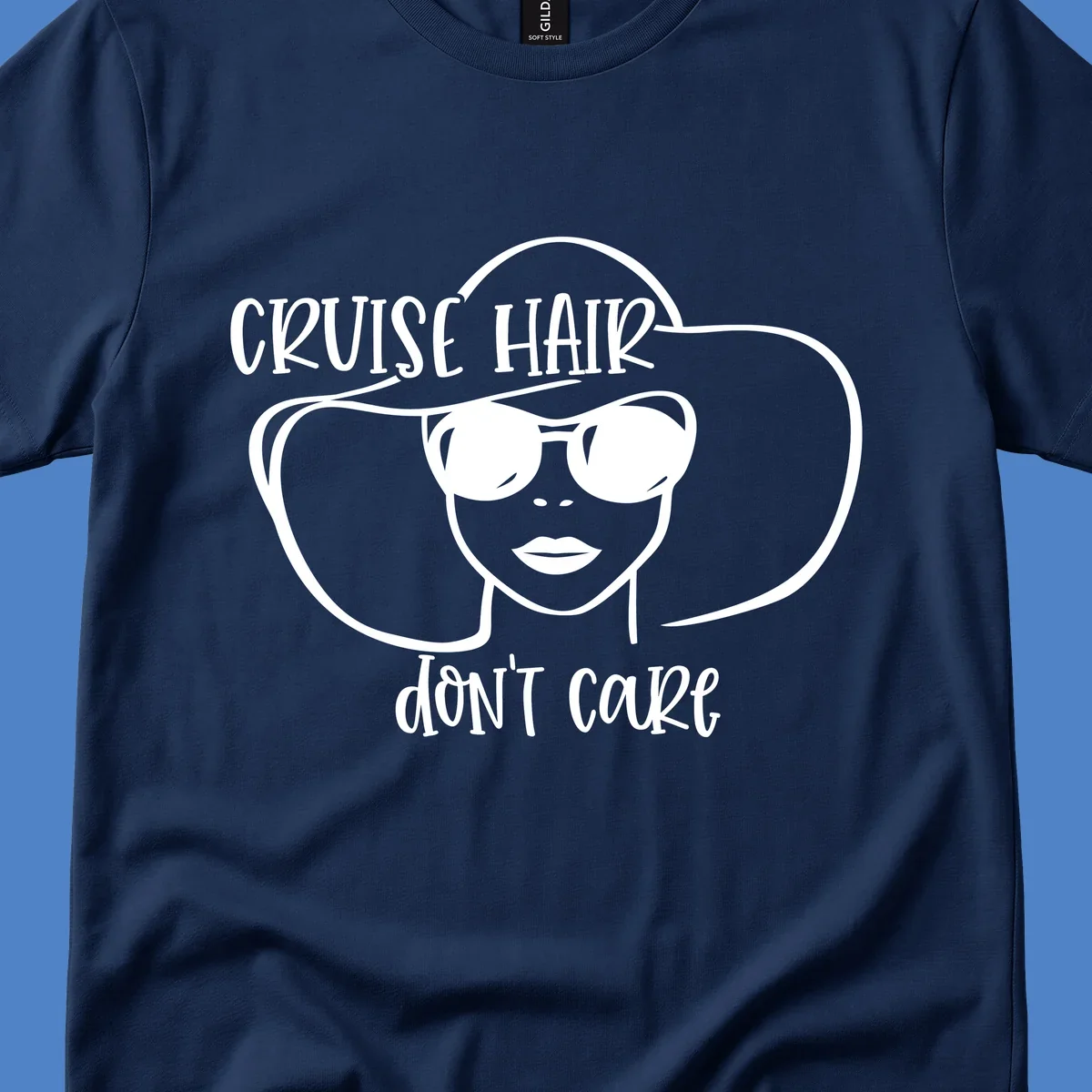 Illustrated woman with sunglasses and wide sun hat, text reads 'cruise hair don't care' - minimalist line art design