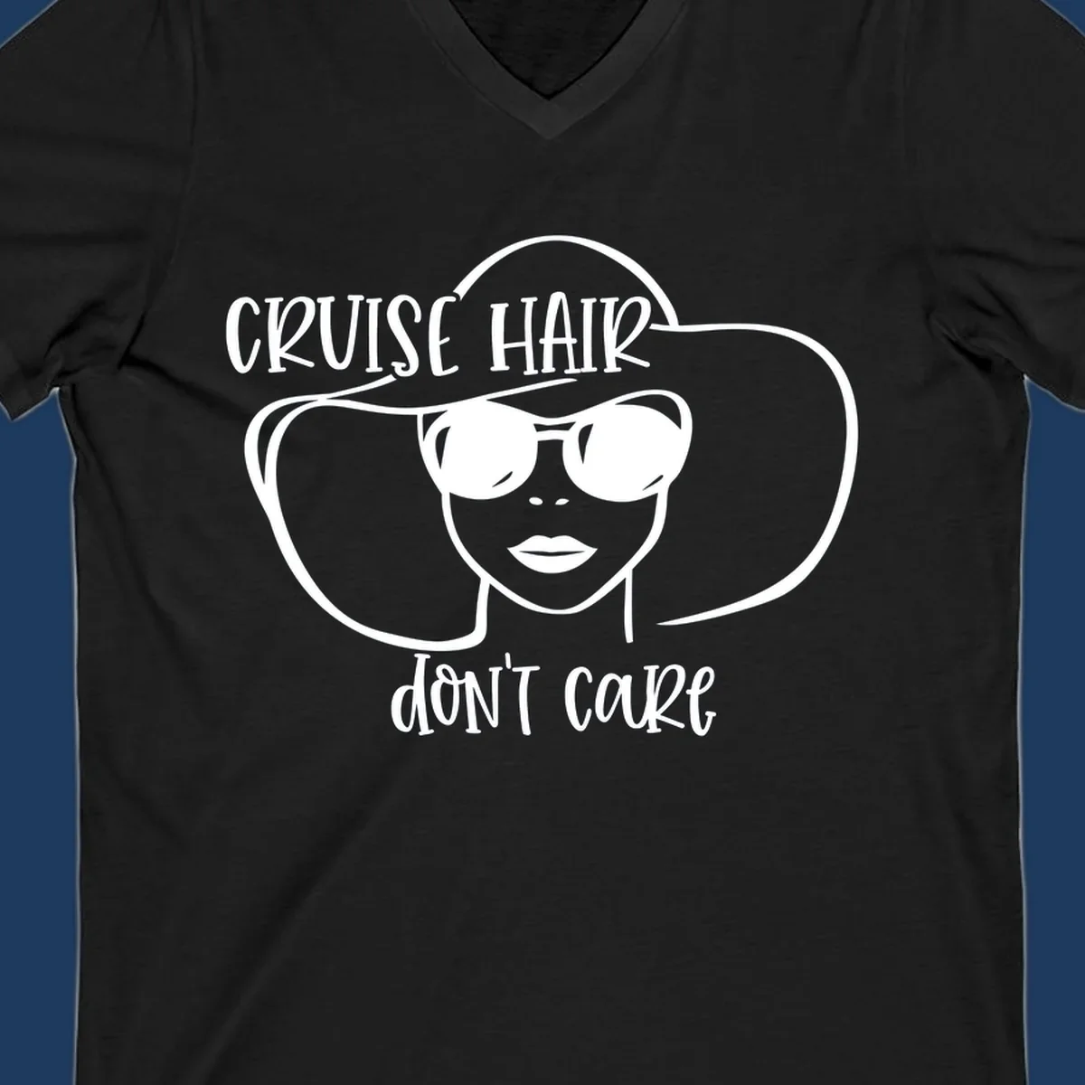 Illustrated woman with sunglasses and wide sun hat, text reads 'cruise hair don't care' - minimalist line art design