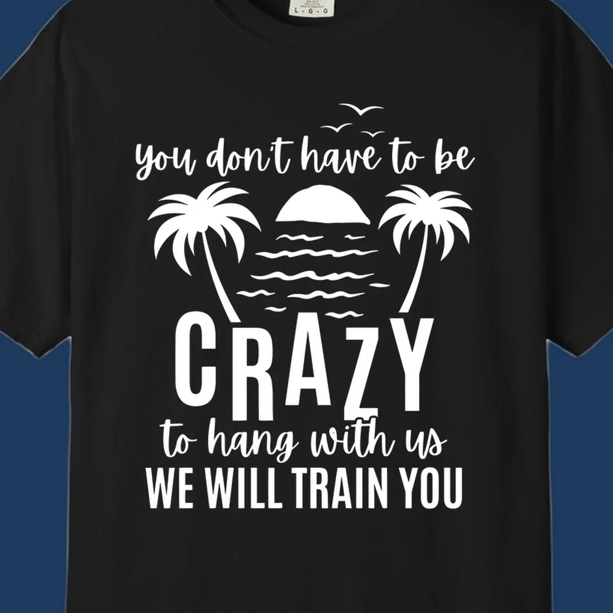 Tropical beach scene with palm trees and sunset waves, text reads 'You Don't Have To Be Crazy To Hang With Us We Will Train You'
