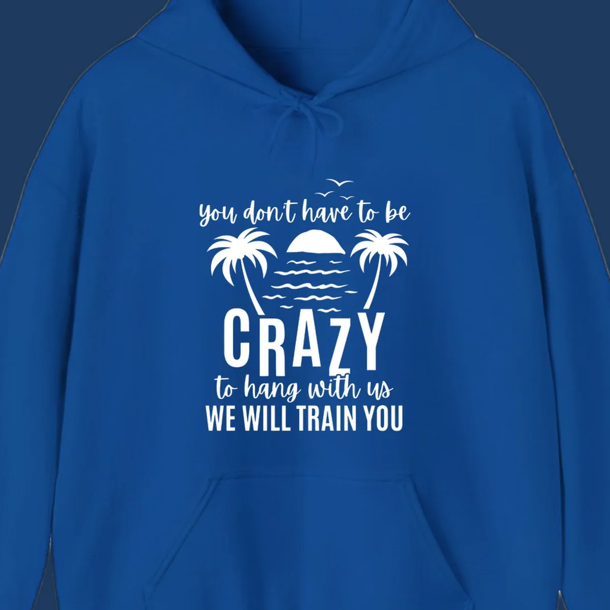 Tropical beach scene with palm trees and sunset waves, text reads 'You Don't Have To Be Crazy To Hang With Us We Will Train You'