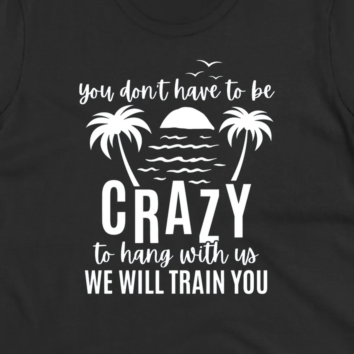 Tropical beach scene with palm trees and sunset waves, text reads 'You Don't Have To Be Crazy To Hang With Us We Will Train You'