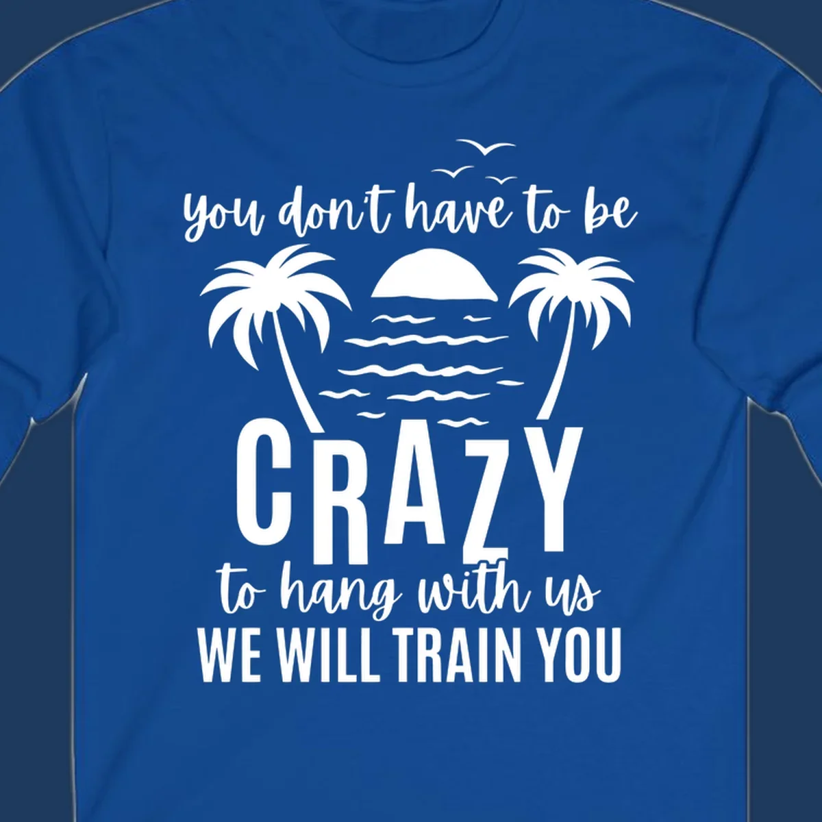 Tropical beach scene with palm trees and sunset waves, text reads 'You Don't Have To Be Crazy To Hang With Us We Will Train You'