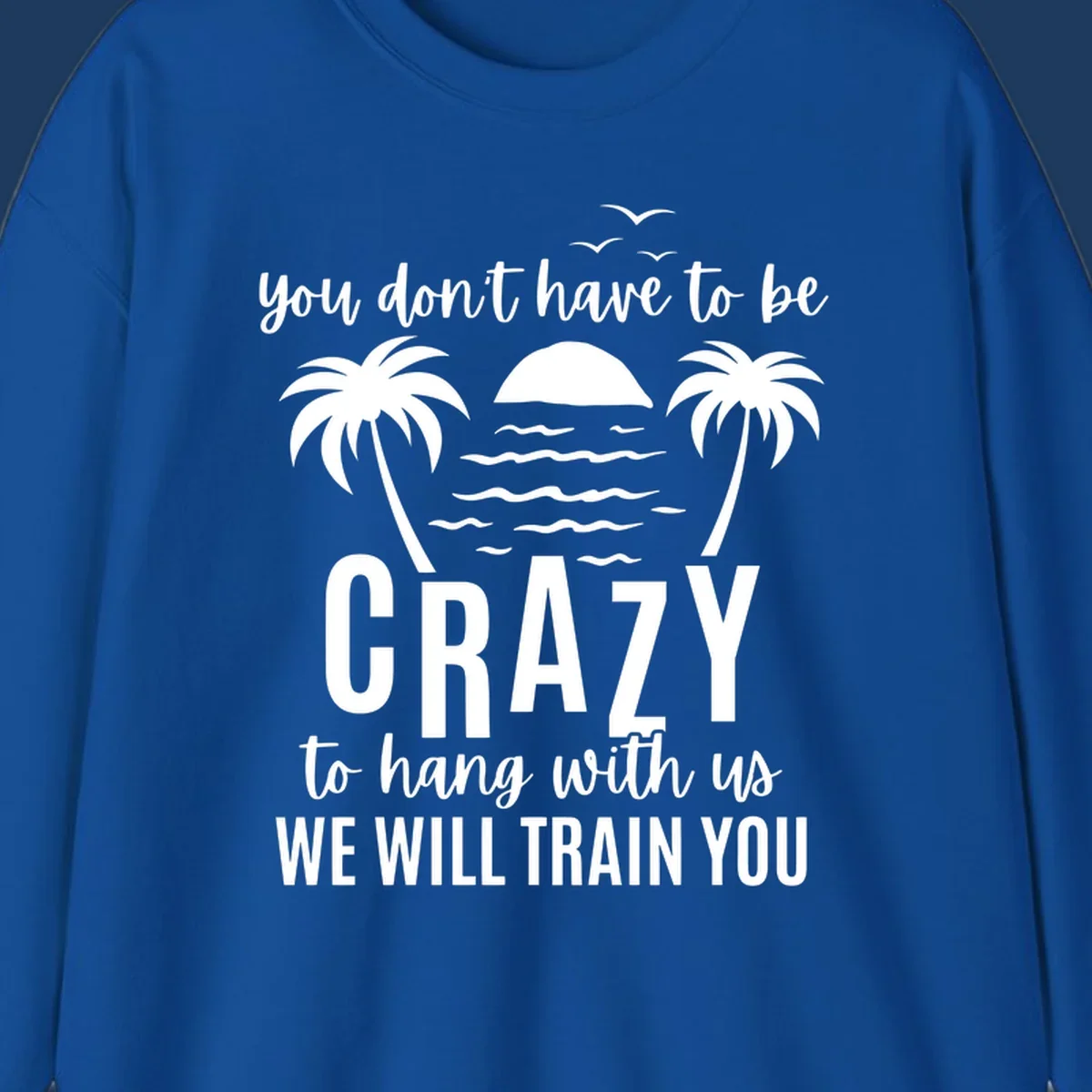 Tropical beach scene with palm trees and sunset waves, text reads 'You Don't Have To Be Crazy To Hang With Us We Will Train You'