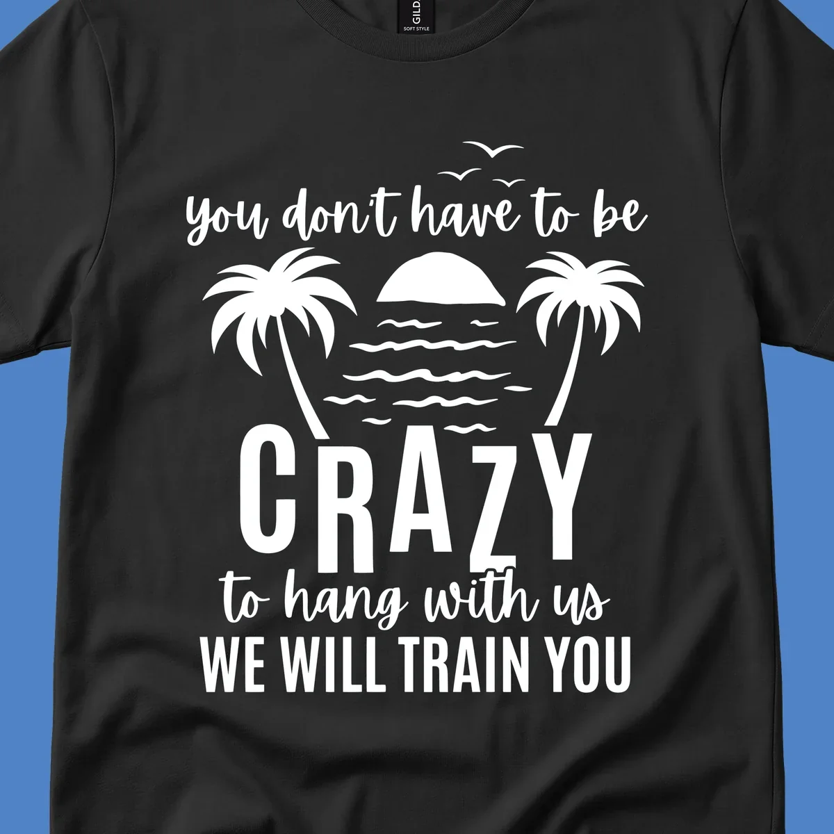Tropical beach scene with palm trees and sunset waves, text reads 'You Don't Have To Be Crazy To Hang With Us We Will Train You'